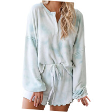 Bellissimo pigiama a maniche lunghe da donna con stampa tie-dye, perfetto per la casa.