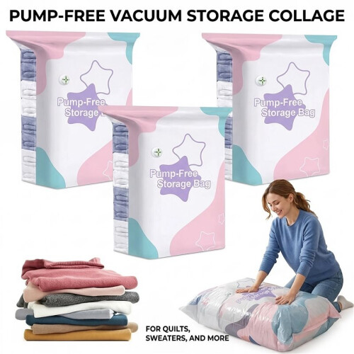 6X No‑Pump Vacuum Storage Bags -Press&Seal,Reusable Space Saving Compression Bag