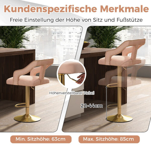 Verstellbare Barhocker aus Samt, Rosa, 2er-Set, 63-85 cm 1