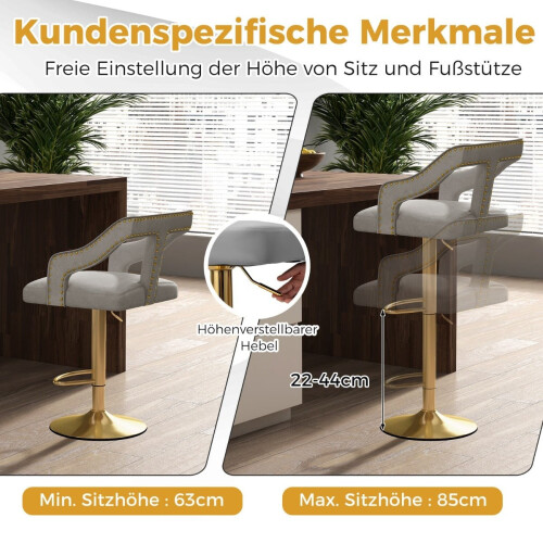 Verstellbare Samt-Barhocker, drehbar, 2er-Set, Grau 1