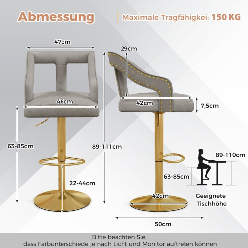 Verstellbare Samt-Barhocker, drehbar, 2er-Set, Grau 2