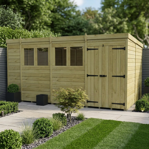 14 x 10 Pent Shed Tanalised (Double Door, With Windows)