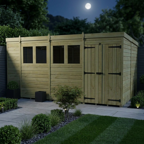 14 x 10 Pent Shed Tanalised (Double Door, With Windows) 2