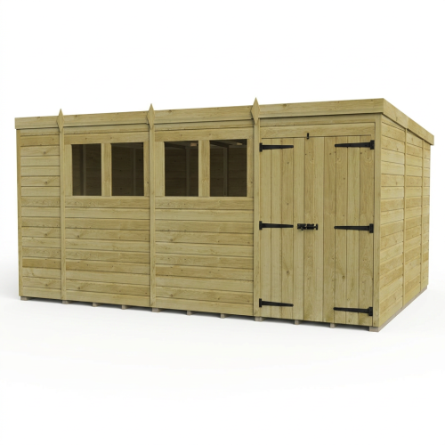 14 x 10 Pent Shed Tanalised (Double Door, With Windows) 1