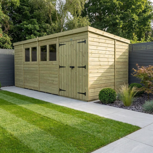 15 x 10 Pent Shed Tanalised (Double Door, With Windows)