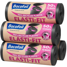 Bacofoil 4 x Elasti-fit Bin liners 50L Kitchen Bin Bags on a Roll Total 40 bags