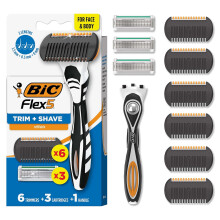 BIC Flex 5 Trim and Shave Men's Grooming Kit, 3-in-1 Beard Trimmer, 5-Blade Razor and Precision Edger,Dorm Room Essential, 3 Cartridges and 6 Trimmers