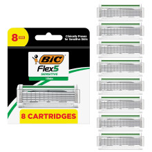 BIC Flex 5 Sensitive Men's 5-Blade Razor Refills, Clincally Proven for Sensitive Skin, 8 Refill Cartridges, 8-Pack