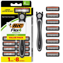 BIC Flex 4 Refillable Razors for Men, Long-Lasting 4 Blade Razors for Sensitive Skin, 1 Handle and 7 Cartridges, 8 Piece Shaving Kit
