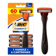 BIC Comfort 3 Men's Refillable 3-Blade Razors with 1 Handle and 6 Cartridges, Smooth Shave Kit for Men