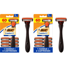 BIC Comfort 3 Refillable Three-Blade Disposable Razor for Men, Razor For a Comfortable Shave, 1 Handle and 6 Cartridges, 7 Piece Razor Set (Pack of 2)