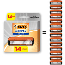 BIC Comfort 3 Refillable Refill Razor Cartridges, Three-Blade Disposable Razors for Men, Razor for a Comfortable Shave, 14 Razor Refill Cartridges