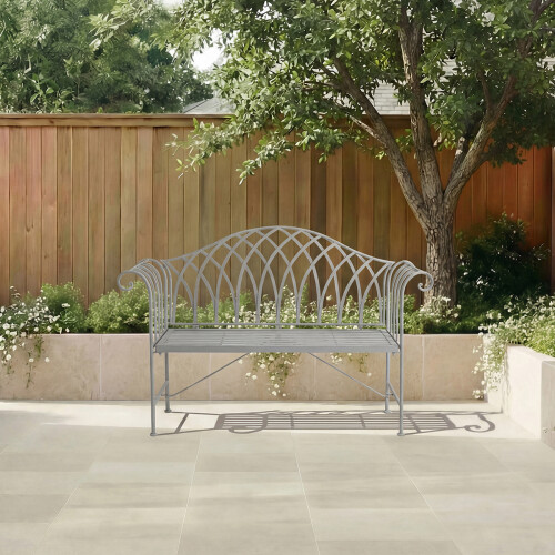 Charles Bentley Decorative Wrought Iron Outdoor Rustic Bench Curved Armrest 2 Seater Weatherproof - Grey