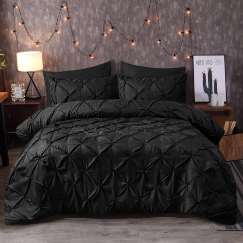 (King, Black) Luxury Pintuck Duvet Bedding Set with Pillowcases