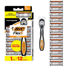 BIC Flex 5 Men's Refillable 5-Blade Razors with 1 Handle and 12 Cartridges, Smooth Shave Kit with Precision Edging Blade, College Dorm Room Essential