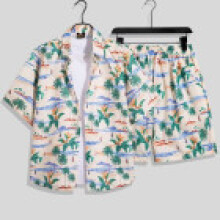 (Style I,M)Summer Hawaiian Shirt And Shorts Combo With Polyester Fabric Casual Summer Look