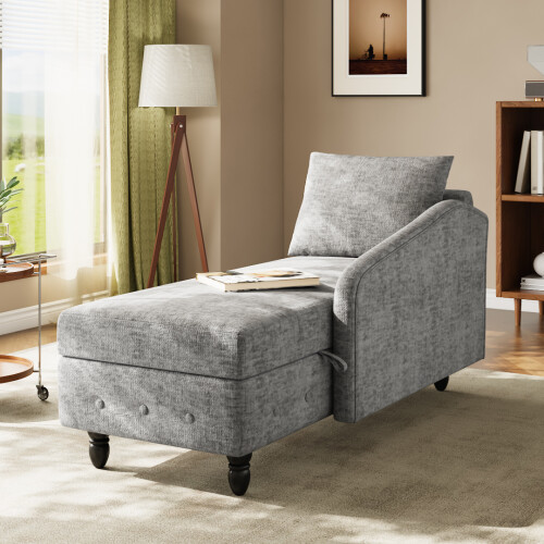 Living And Home Left Hand Facing Chenille Chaise Lounge with Storage and Pillow 1
