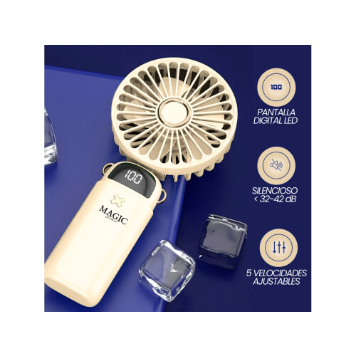 Portable and silent USB-C handheld fan with 5 speed settings and Magic Select. 2