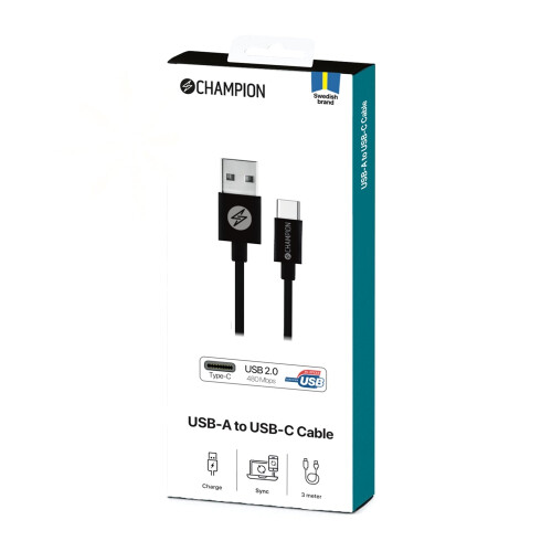USB-A til USB-C kabel 3m sort