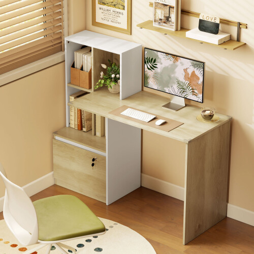 Homcom HOMCOM Computer Desk with Lockable File Drawers, Oak Wood Effect 1