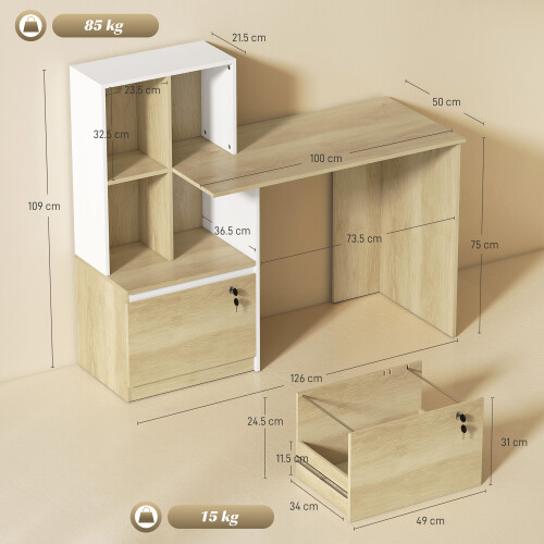 Homcom HOMCOM Computer Desk with Lockable File Drawers, Oak Wood Effect 2