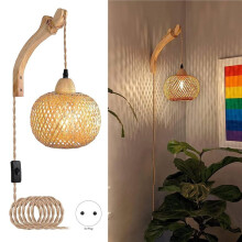 Bamboo Lantern Wall Lamp Rattan Wicker E27 Chandeliers Hand-Woven Bamboo Room Decor Lampshades Wall Light EU Plug
