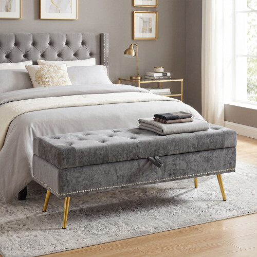 Homcom (Grey) HOMCOM Storage Ottoman, Chenille Ottoman Storage Box 1