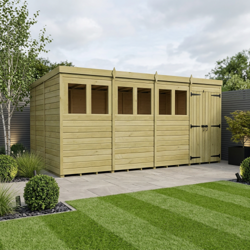 16 x 9 Pent Shed Tanalised (Double Door, With Windows)