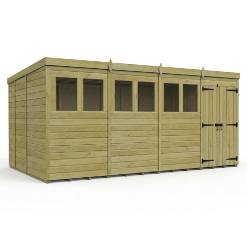 16 x 9 Pent Shed Tanalised (Double Door, With Windows) 1