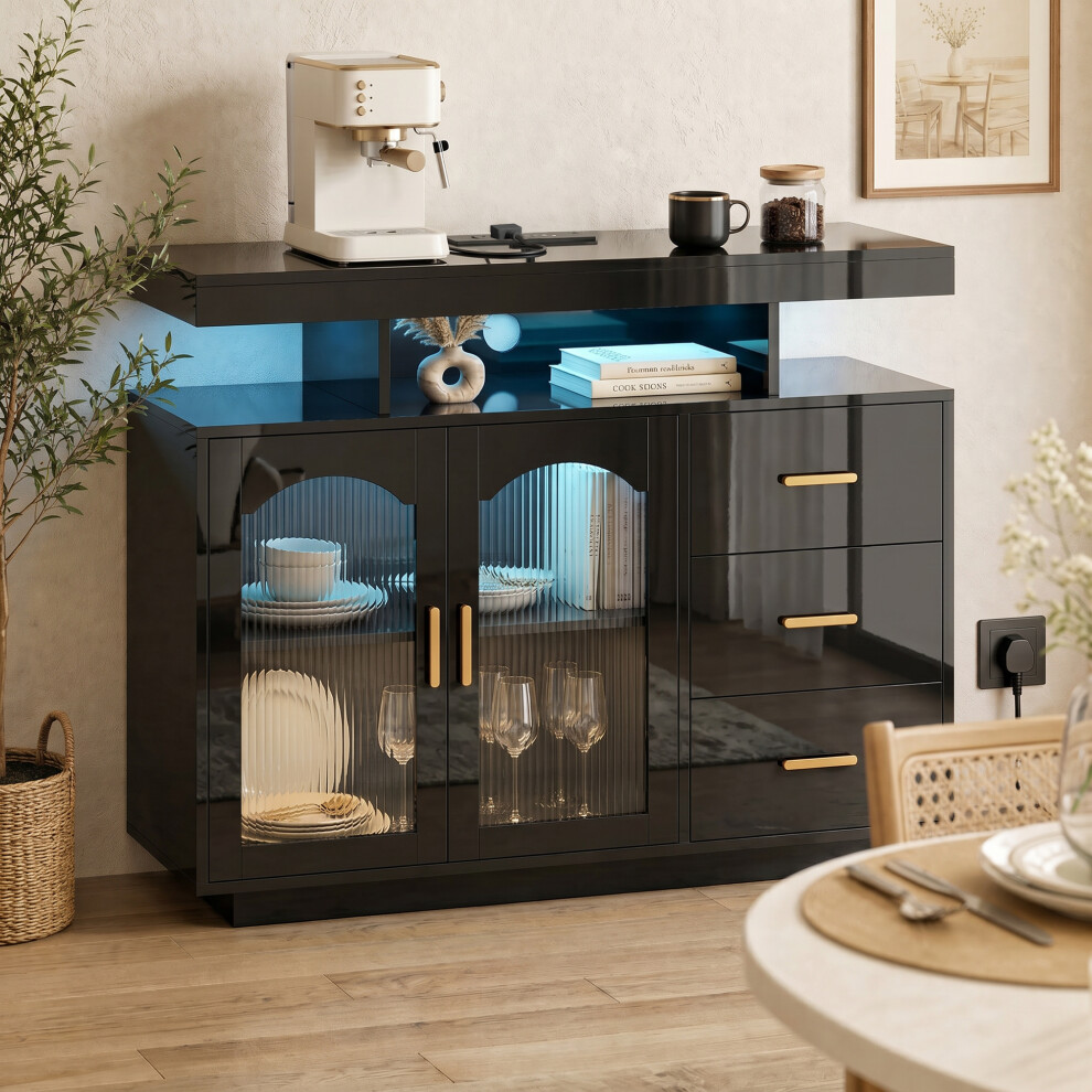 Homcom High Gloss Sideboard With Led Lights, Power Outlets, Drawers, Black