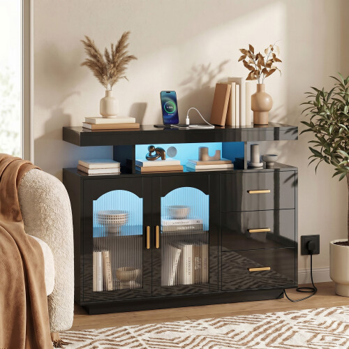 Homcom HOMCOM High Gloss Sideboard with LED Lights, Power Outlets, Drawers, Black 1