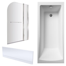 Square Single Ended 1700x750 Shower Bath Set - Front Panel & Chrome Round Corner Screen with Towel Rail & Fixed Panel