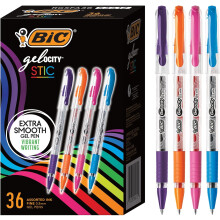 BIC Gel-ocity Smooth Stic Gel Pen, Fine Point (0.5mm), Assorted Colors, 36-Count, Vibrant and Smooth Gel Ink Pens