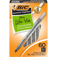 BIC Round Stic Xtra Life Ballpoint Pen, Ultra Long Lasting and Consistent Ink Flow, 60-Count in Black Ink