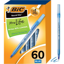 BIC Round Stic Xtra Life Ballpoint Pen, Medium Point (1.0mm), Blue, Flexible Round Barrel For Writing Comfort (Pack of 9, 540 Count Total)