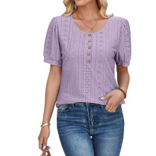 Losvallend T-shirt met ronde hals en pofmouwen voor-Paarse L