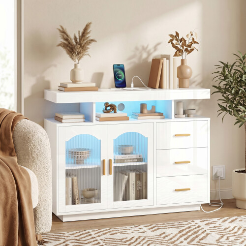 Homcom HOMCOM High Gloss Sideboard with LED Lights, Power Outlets, Drawers, White 1