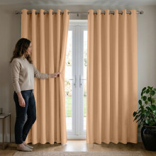 (Beige Ring, 66" width x 72" depth (168cm x 183cm)) Plain Blackout Curtains Ringtop & Pencil Pleat Curtains Thermal Insulated Curtain Pair with 2 Tiebacks
