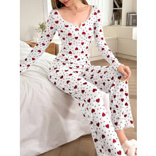 (Red, L) Lounge clothes, love printed pajamas, love heart long-sleeved trousers set, can be worn outside European and American women's pajamas