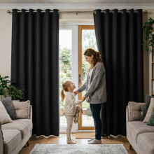 (Black Ring, 66" width x 72" depth (168cm x 183cm)) Plain Blackout Curtains Ringtop & Pencil Pleat Curtains Thermal Insulated Curtain Pair with 2 Tiebacks