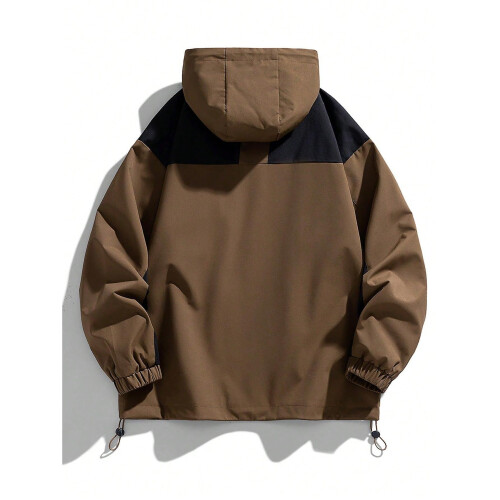 (XL, Dark Green) Men Two Tone Drawstring Hem Hooded Jacket 1