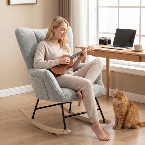 Homcom (Grey) HOMCOM Tufted Rocking Chair with Side Pockets 1