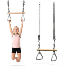 Gymnastiek Trapeze voor Kinderen met Handvatten, Geschuurd MDF Houten Stang, Inclusief Touwen, 42 cm x 3,5 cm, Grijs