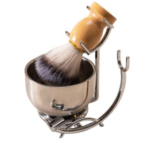 Shaving Brush Holder with Perfect Double Layer Stainless Steel Shaving Soap Bowl and Shaving Brush Natural Wood Handle