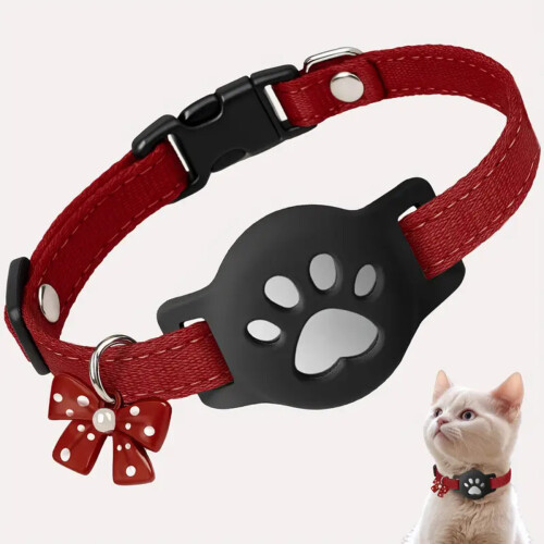Adjustable Reflective Cat Collar with Silicone Holder compatible with Apple AirTag - Waterproof Polyester Pet Tracker Strap Red 1