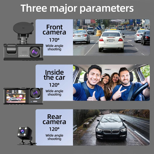 Three Way 1080P Dash Cam Night Vision Loop Record 2In Screen DVR 2