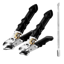3-Piece Wide Jaw Gear-Lock Nail Clipper Set with Curved, Slanted Cutters and Cuticle Pusher — Large Opening, ABS + Stainless Steel, Anti-Splash