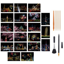 20PCS Scratch Art Paper DIY Night View Scratchboard Rainbow Painting Art Craft Scratch World Famous City Landmarks DIY Art Set with Tools Kit (A5 Size
