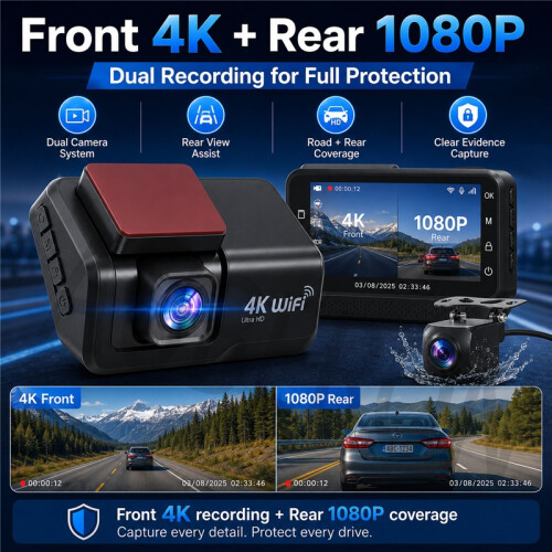 Front Rear Dual Lens 4K UHD WiFi Dash Cam With Night Vision Loop Recording 1
