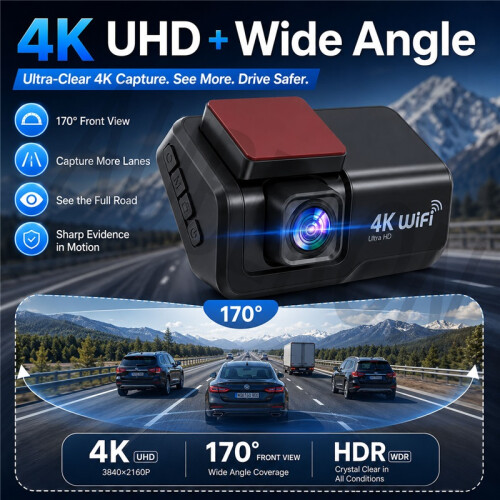 Front Rear Dual Lens 4K UHD WiFi Dash Cam With Night Vision Loop Recording 2